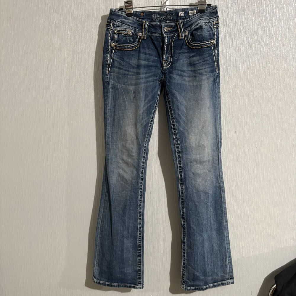 Miss Me Jeans Visible Stitch Button  Bling Dark Boot Cut Western Rodeo Women 29